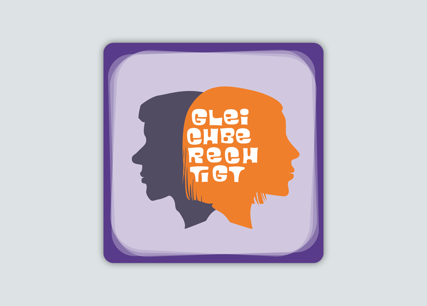 Zwei Profilköpfe Rücken an Rücken; im orangefarbenen Kopf steht in Weiß „Gleichberechtigt“.