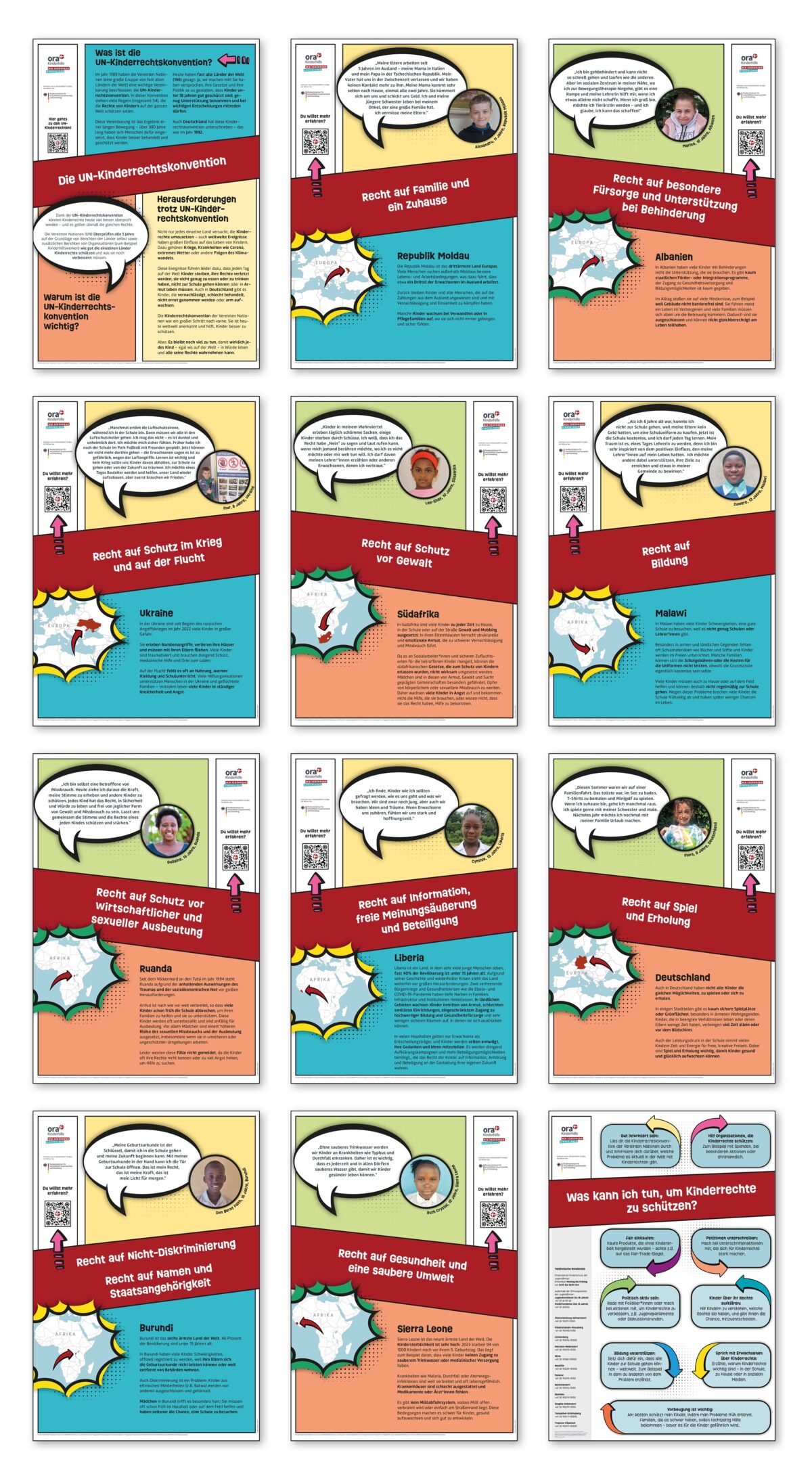 Collage aus 12 deutschsprachigen Infokarten zur UN-Kinderrechtskonvention, jeweils mit Rechtetitel, Landkarte und Kinderfoto.