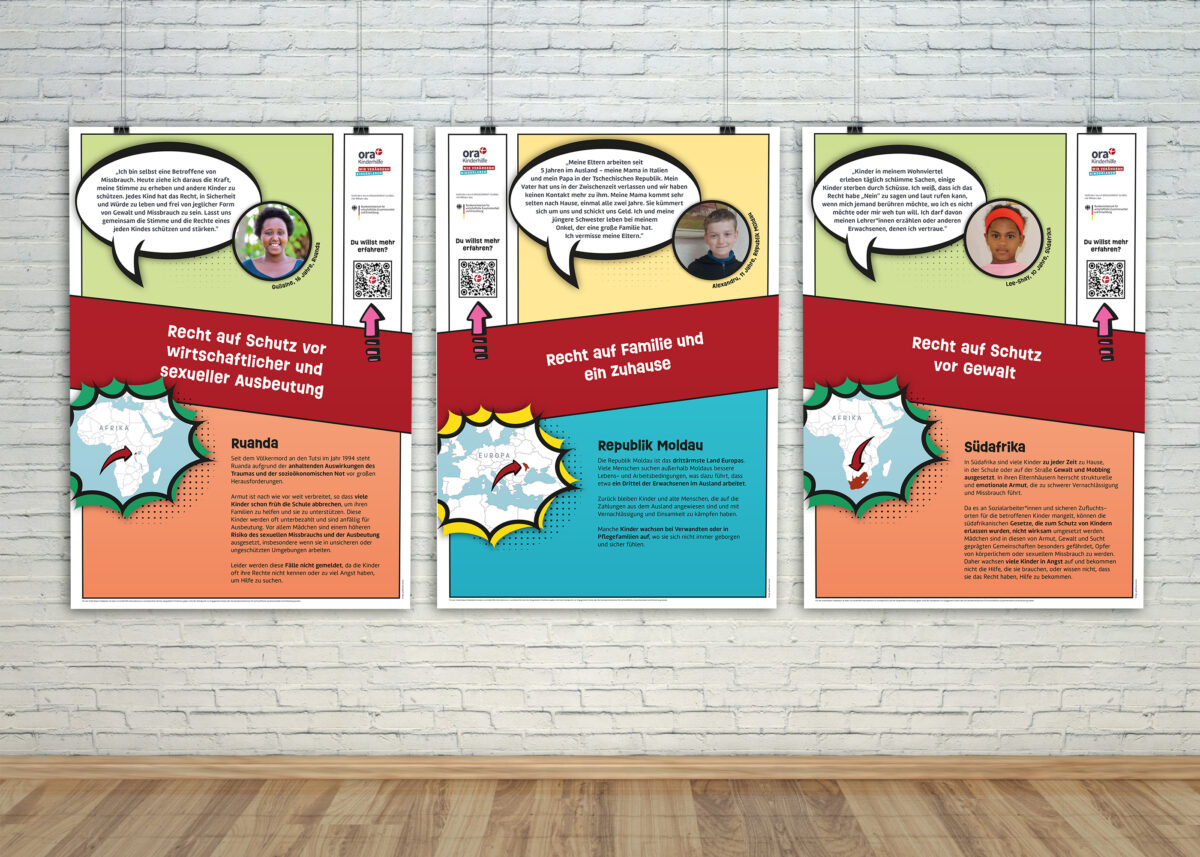 Drei bunte Infoplakate zur Kinderhilfe: Schutz vor Ausbeutung, Familie/Zuhause und Schutz vor Gewalt, mit QR-Codes.