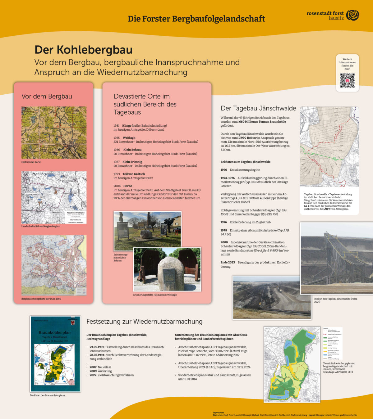 Infotafel „Der Kohlebergbau“ zur Forster Bergbaufolgelandschaft mit Karten, Fotos und Daten zum Tagebau Jänschwalde.