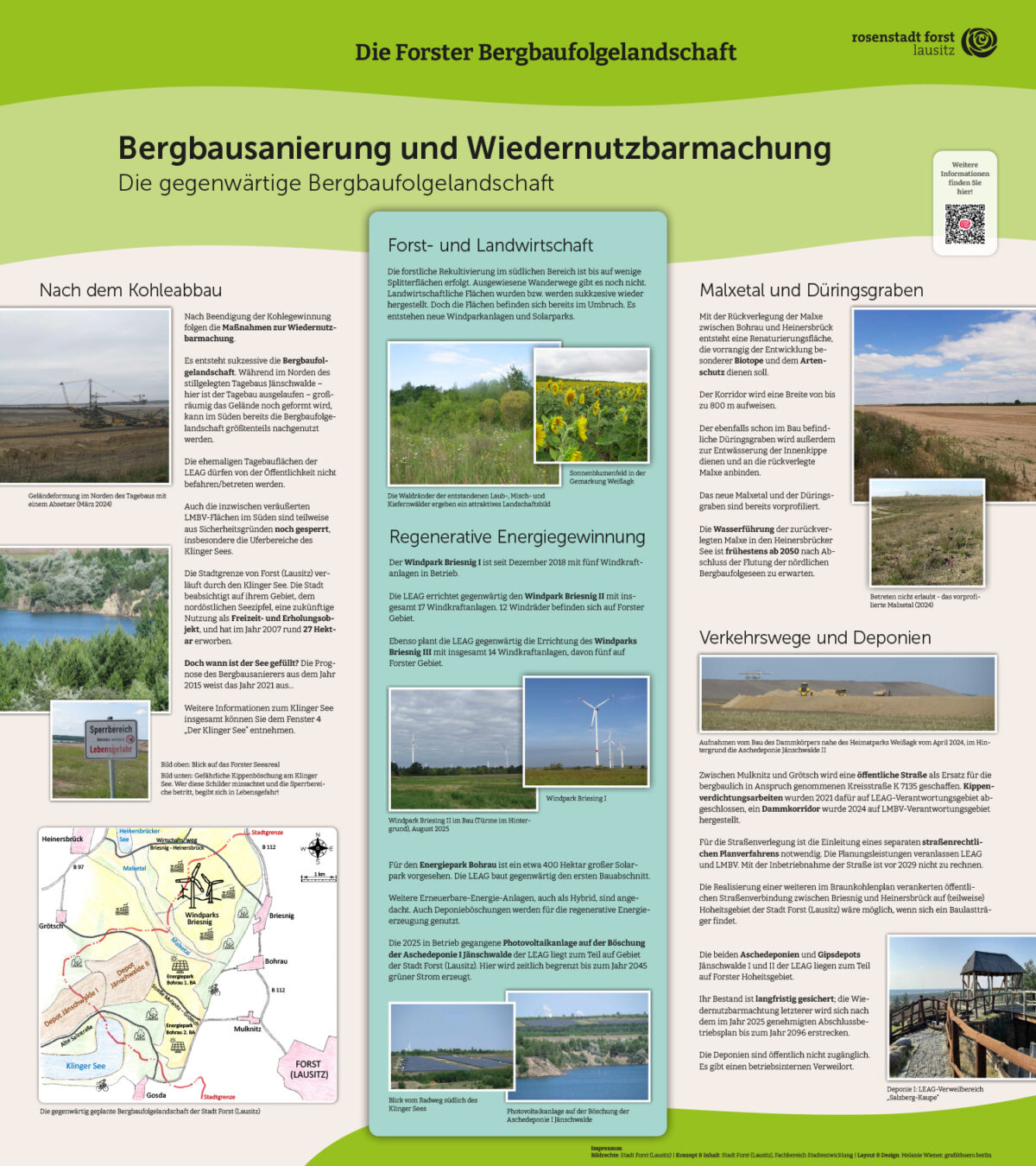 Infotafel zur Forster Bergbaufolgelandschaft mit Abschnitten zu Sanierung, Landwirtschaft, erneuerbarer Energie, Malxe und Verkehrswegen.