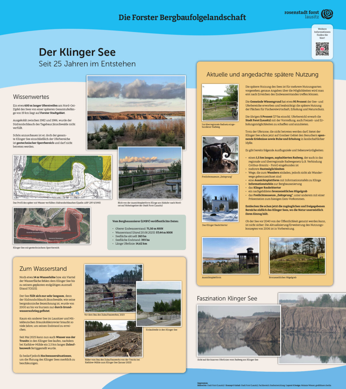 Informationstafel zum Klinger See mit Text zu Entstehung, Wasserstand und Nutzung sowie Fotos, Karten und QR‑Code.