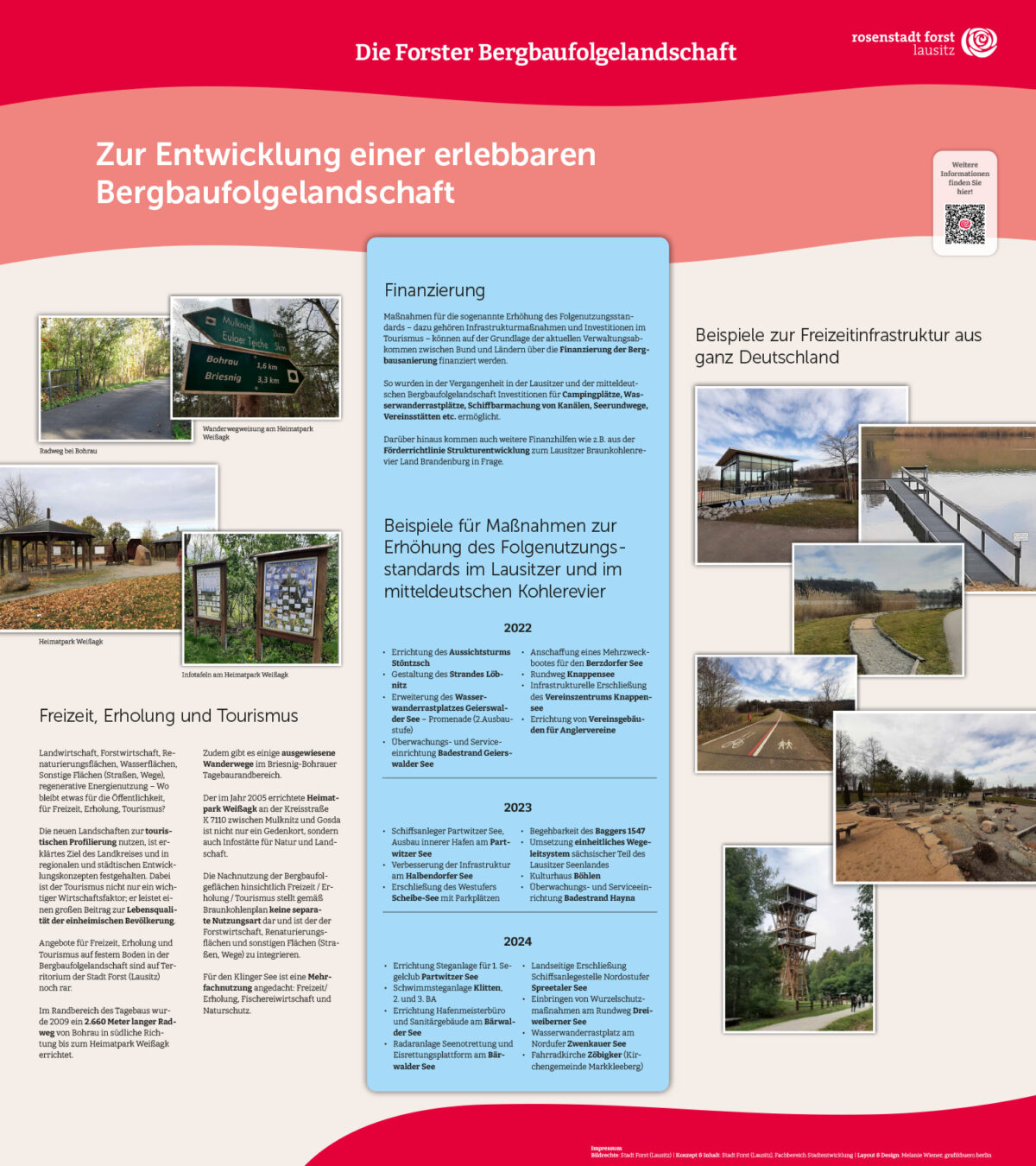 Infotafel „Die Forster Bergbaufolgelandschaft“ zur Entwicklung von Freizeit- und Tourismusinfrastruktur mit Fotos und Finanzierung.