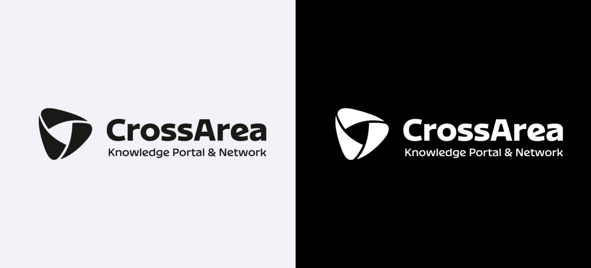 CrossArea-Logo mit abstraktem Symbol und dem Schriftzug „CrossArea – Knowledge Portal & Network“ auf Hell- und Dunkelgrund