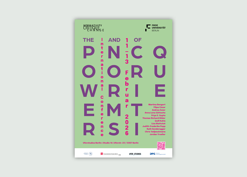 Plakat „The Power of Norms and Critique“, Internationale Konferenz, 11.–13. Februar 2026, Freie Universität Berlin.