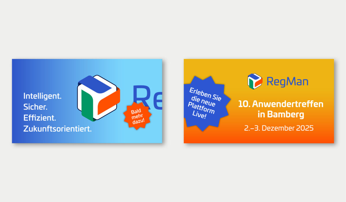 Zwei RegMan-Posts: links „Intelligent. Sicher. Effizient. Zukunftsorientiert.“, rechts 10. Anwendertreffen Bamberg, 2.–3. Dez 2025