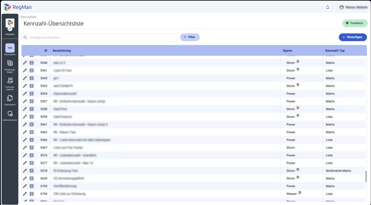 Screenshot der RegMan-Kennzahl-Übersichtsliste mit Suchfeld, Filter und Tabelle mit ID, Sparte und Kennzahl-Typ.