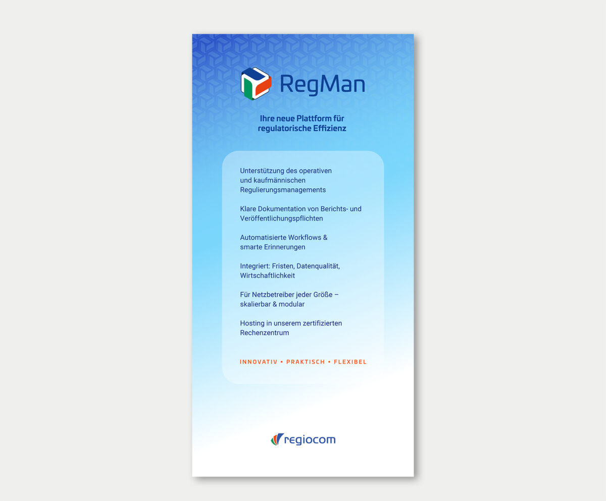 RollUp „RegMan“: Plattform für regulatorische Effizienz mit Funktionen wie Workflows, Fristen und Hosting; Logo regiocom.