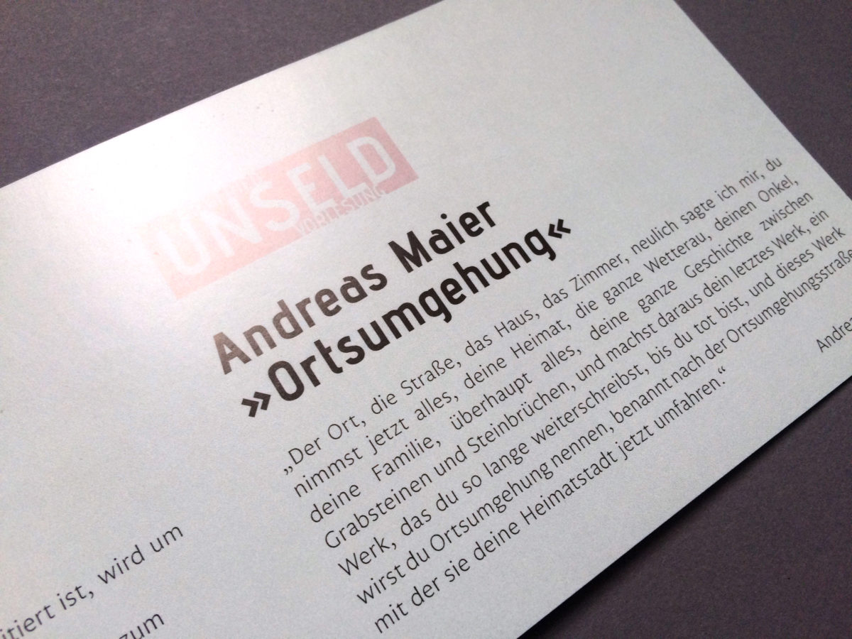 Einladungskarte, Unseld-Vorlesung mit Andreas Maier, Dahlem Humanities Center, Freie Universität Berlin