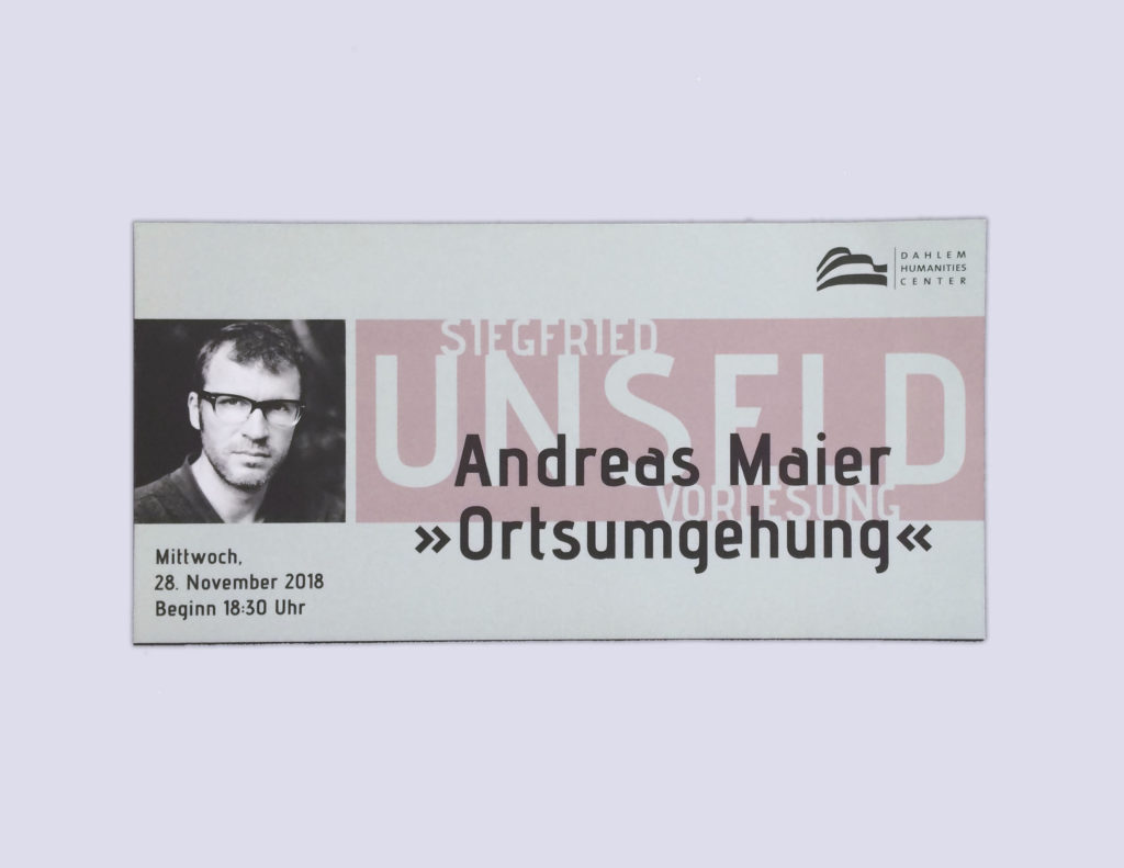 Vorschaubild, Unseld-Vorlesung mit Andreas Maier, Dahlem Humanities Center, Freie Universität Berlin
