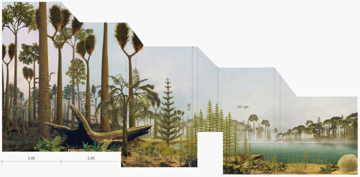 Malerische Vorlage für die Hintergrundbemalung eines Dioramas. Motiv ist ein Karbonwald mit Bäumen und einem See. Ausstellungsort ist das Museum am Schoelerberg in Osnabrück