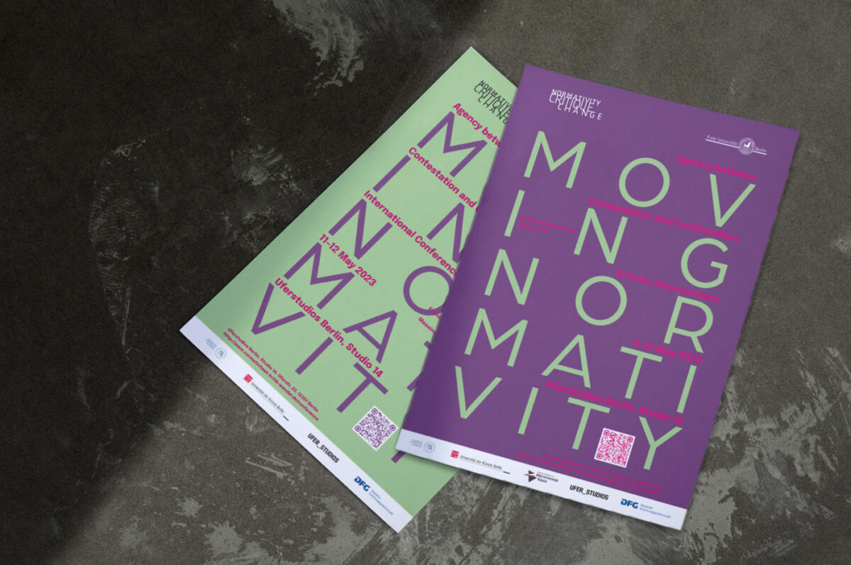 Hellgrünes und lilafarbenes Plakat für eine Tagung des Graduiertenkollegs Normativity Critique Change an der Freien Universität Berlin