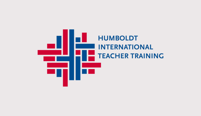 Keyvisual für das Projekt „Humboldt International Teacher Training“. Das Keyvisual besteht aus roten und blauen, ineinandergreifenden Flächen