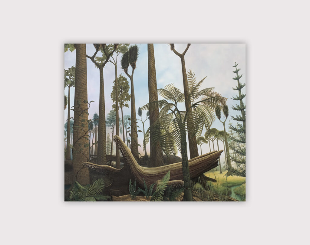 Ausschnitt eines Hintergrundbildes aus einem Diorama. Motiv ist ein Karbonwald mit Bäumen und einem See. Ausstellungsort ist das Museum am Schoelerberg in Osnabrück