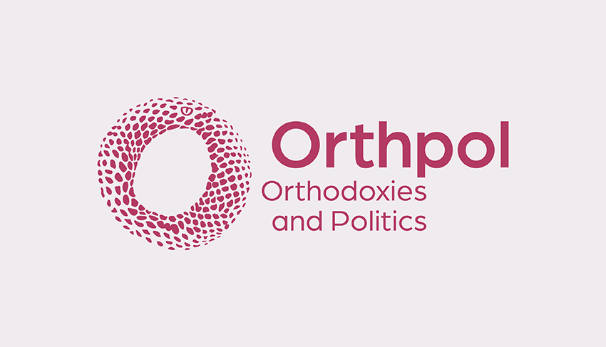 Abbildung des Logos für das Forschungsprojekt „Orthpol“, welches aus einer abstrakten, sich in den Schwanz beißenden Schlange besteht. Die Farbe ist im Rot/Rosa Bereich angelegt