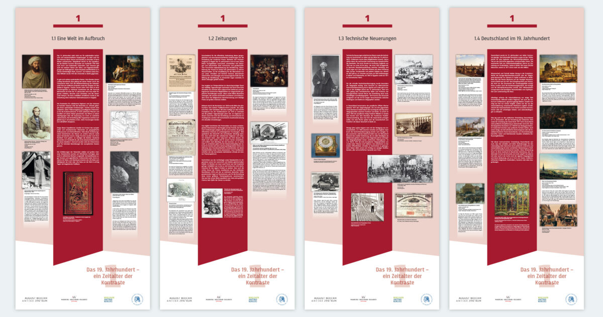 Informationstafeln des ersten Kapitels der Ausstellung über Heinrich Schliemann an der Humboldt Universität zu Berlin.