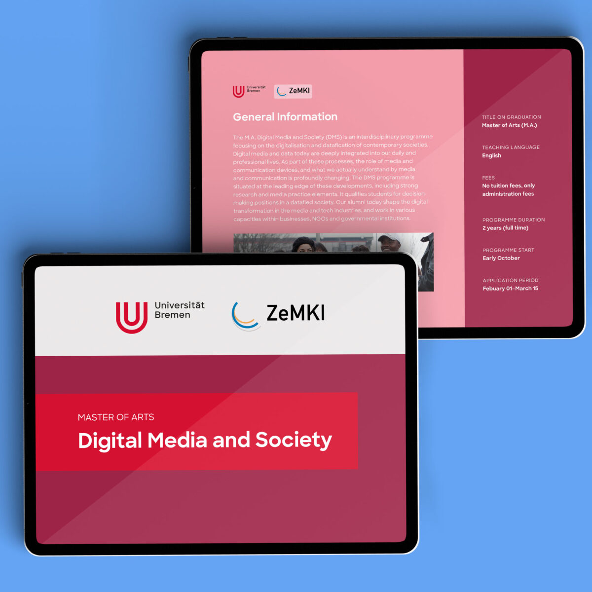 Cover und eine Seite eines Digitalen Infoflyers für den Studiengang Digital Media and Society an der Universität Bremen